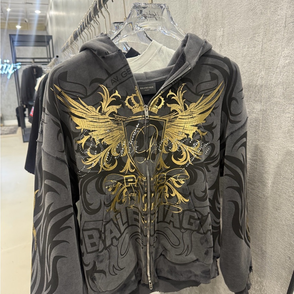 Balenciaga Gray and Gold Zip-Up Hoodie